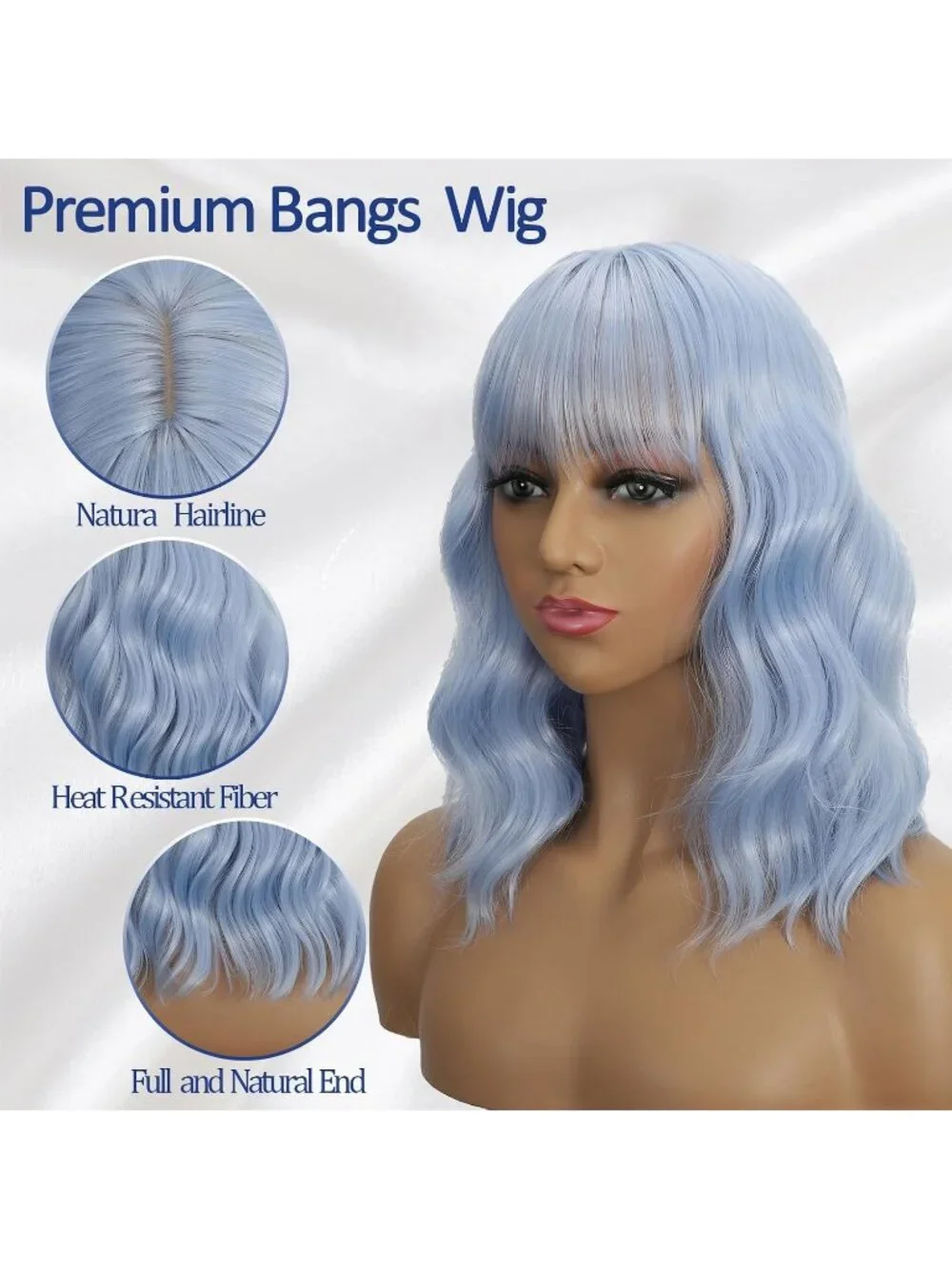 Women's Light Blue 14 Inch Heat Resistant Synthetic Short Wavy Bob Wigs Bangs